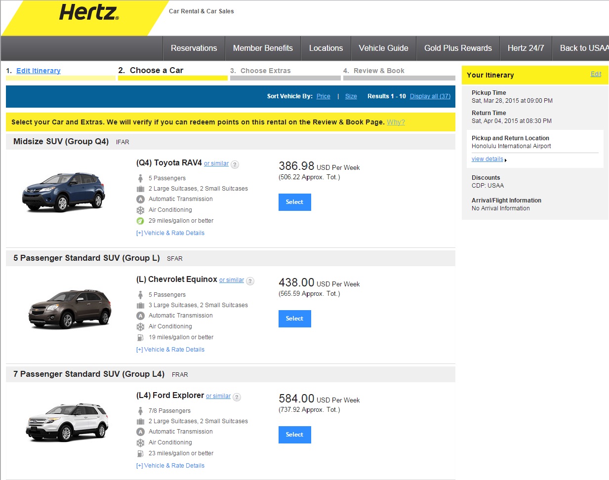 Hertz Rental Car Search Results